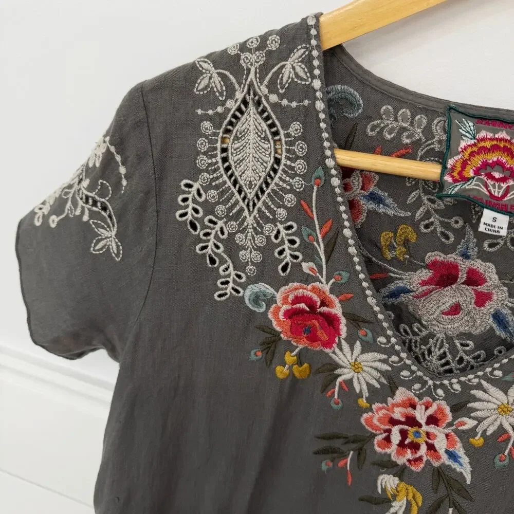 Women’s Johnny Was Assa Linen Draped Tunic Gray Embroidered Floral Small S - Picture 4 of 9